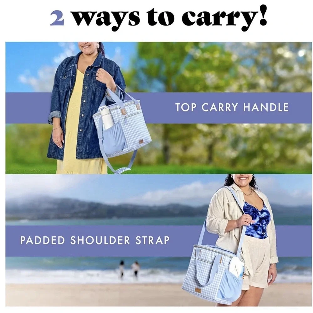 24-Can Soft Cooler Bag Insulated Leak-Resistant Portable Soft Blue Gingham